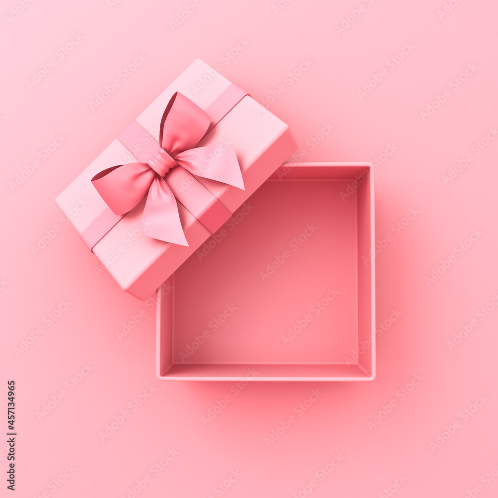 Blank sweet pink pastel color present box or top view of open gift box ...