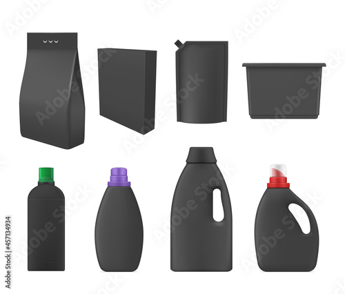 Laundry detergents for clothes set black package realistic vector illustration