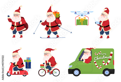 Santa Claus delivery gifts set vector illustration elderly character shipping Christmas presents