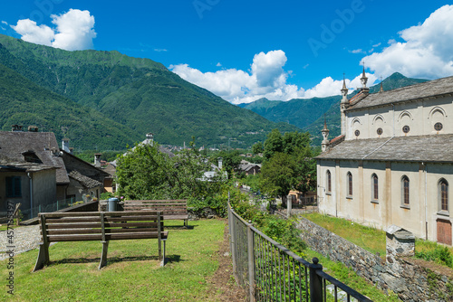 Valle Ossola and the town of Vogogna on the border with the Val Grande national park, Piedmont region, northern Italy. On the right, the Sacred Heart of Jesus Parish Church (1894-1904)  photo