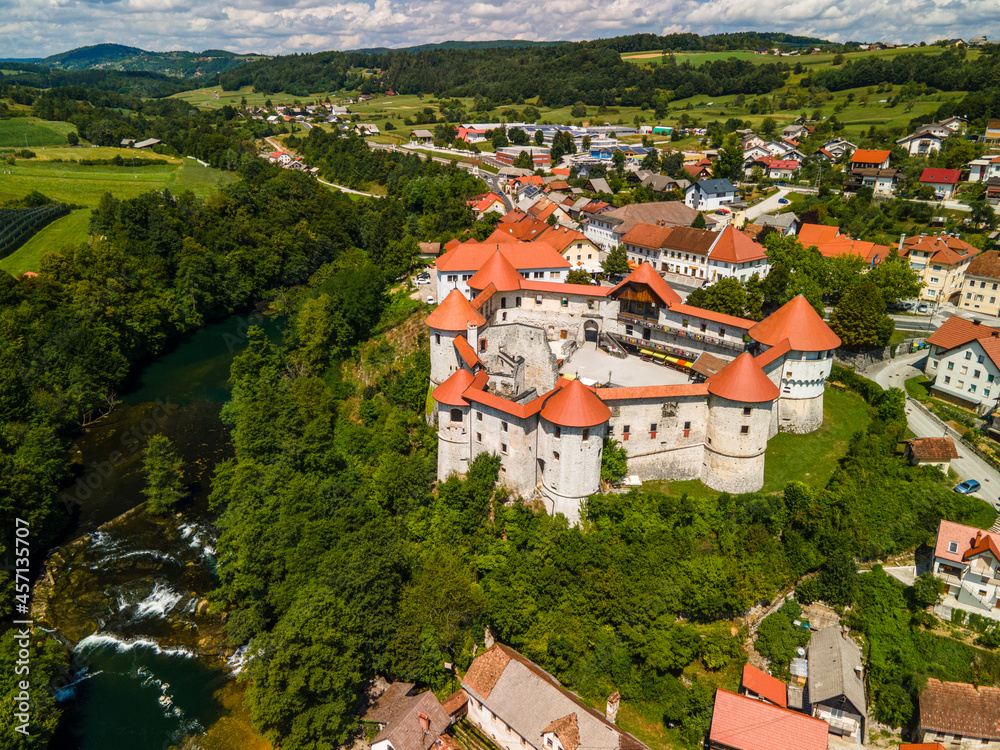 Zuzemberk ( Seisenberk ) Castle in Slovenia Coutrtyside. Aerial Drone View