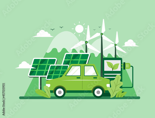 car vehicle charging technology green background. save energy and environment concept. vector illustration in flat style modern design. © Yellow duck