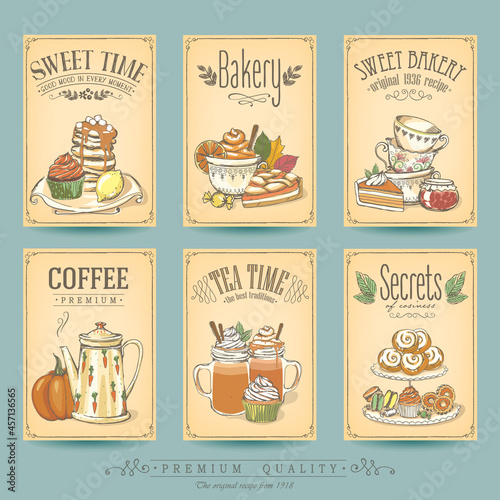 Autumn card collection pastries and tea. Vintage posters of bakery sweet shop or coffee house, restaurant menu, invitation, stickers. Freehand drawing, sketch