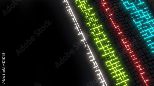 Colored glowing symbols similar to hieroglyphs. Neon glowing stripes. Block structure on a black background. 3D illustration of future information. Digital technology. Information flow in three-dimens