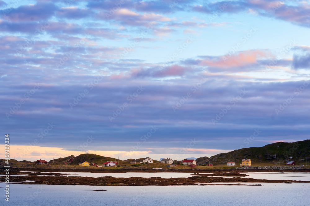 Beautiful seascape in Lofoten Norway. Colorful sky.