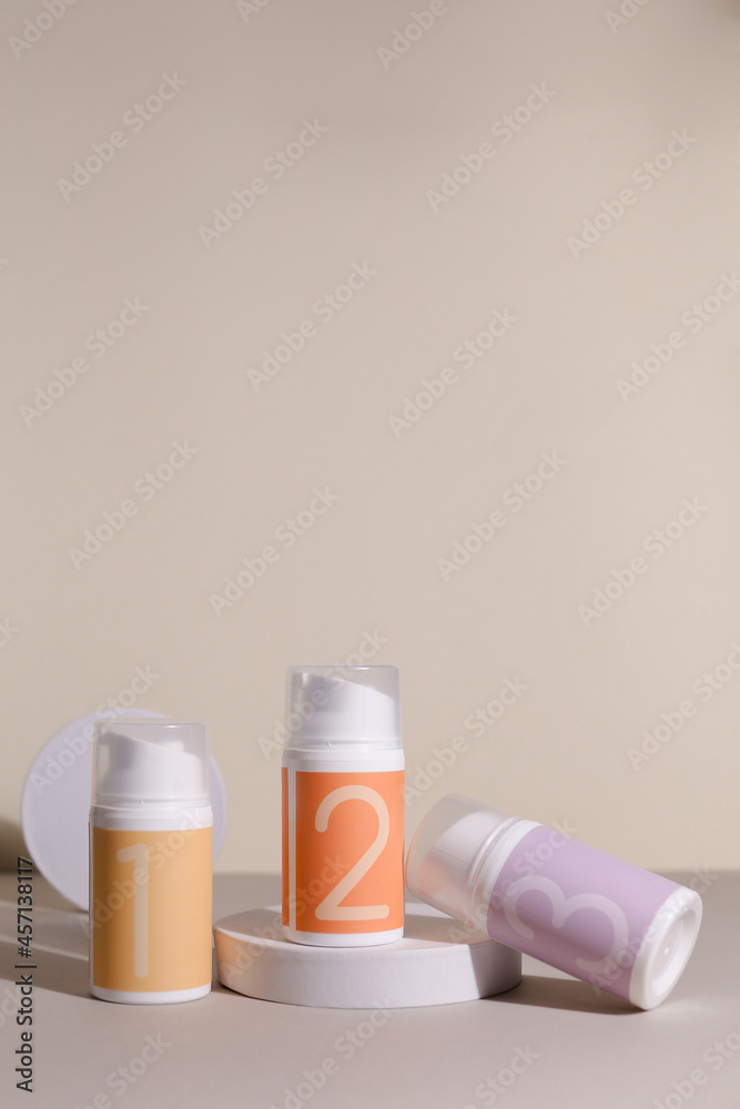 Skincare routine 1 2 3 step for healthy skin - serum, lotion or eye cream packaging. Beauty and cosmetic concept. Copy space. Skincare routine 1 2 3 step for healthy skin - serum, lotion or eye cream packaging. Beauty and cosmetic concept. Copy space.