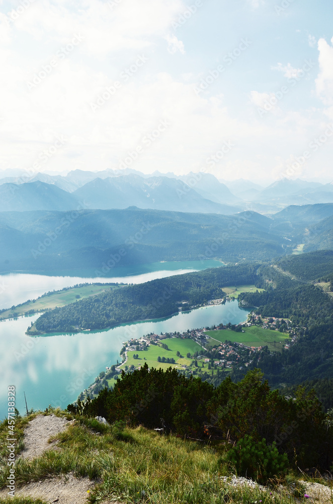 GERMANY, MUNCHEN: Scenic landscape aerial view of Bavarian Alp mountains with lake in the valley  
