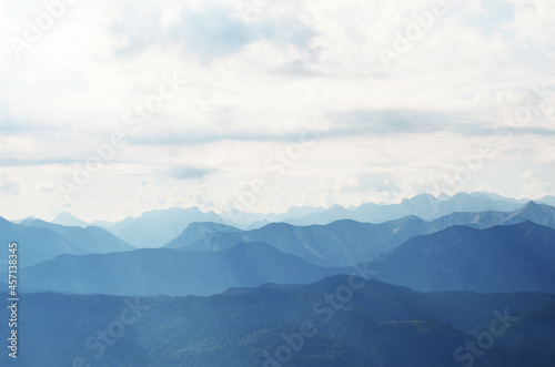 GERMANY, MUNCHEN: Scenic landscape aerial view of Bavarian Alp mountains with lake in the valley   © Marry