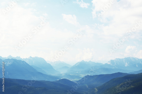 GERMANY  MUNCHEN  Scenic landscape aerial view of Bavarian Alp mountains with lake in the valley  