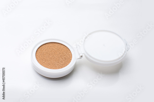 Refillable Foundation Powder  Makeup Cosmetics  Brown Cream and Case on White background.