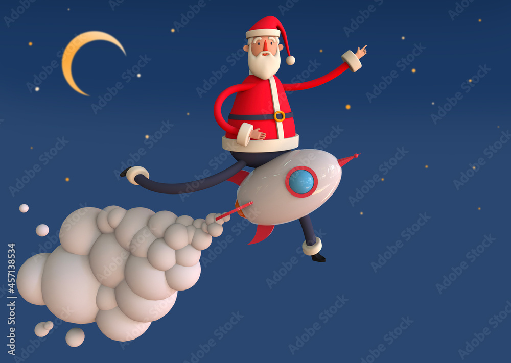 Naklejka premium Santa Claus is flying on a rocket. New Year Startup Concept. Christmas cartoon card Trendy 3d illustration