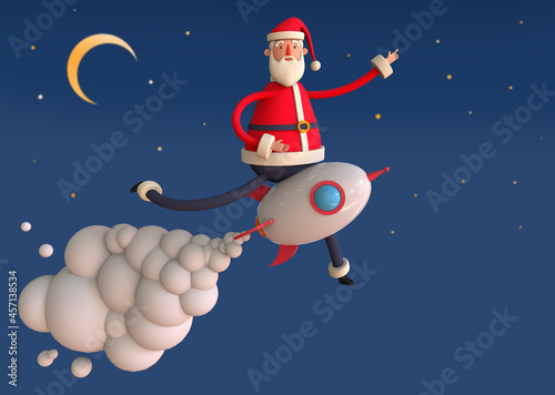 Santa Claus is flying on a rocket. New Year Startup Concept. Christmas cartoon card Trendy 3d illustration © Anna