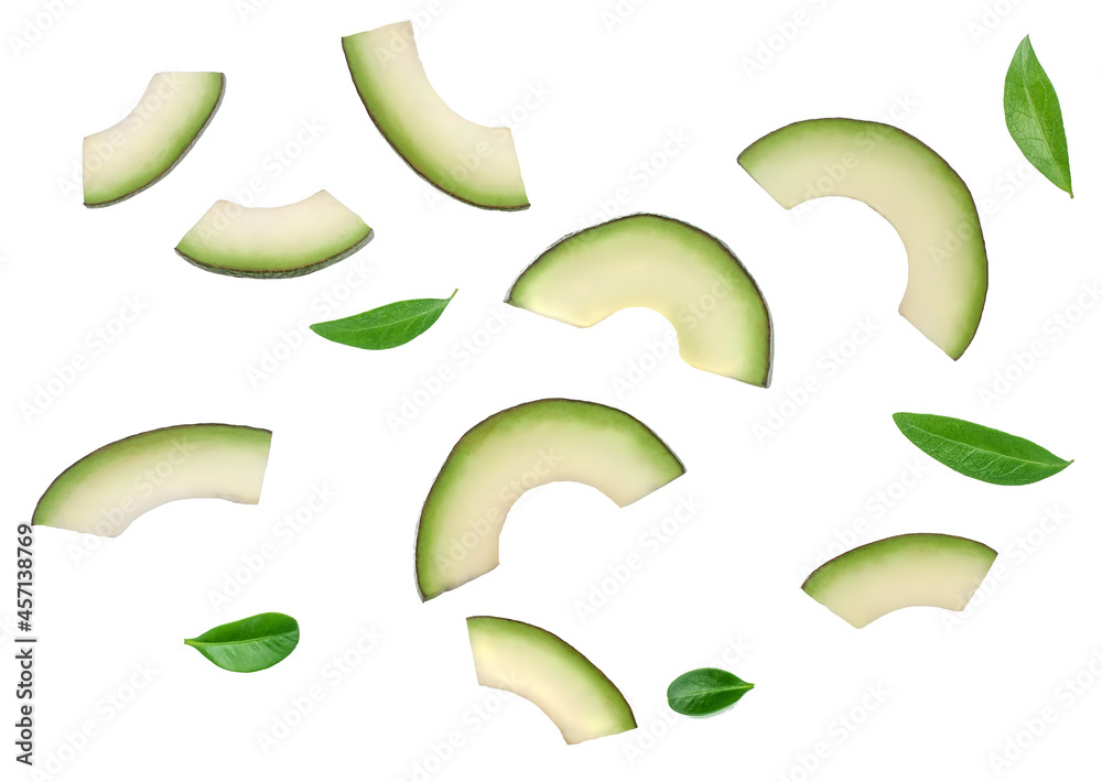 Avocado slices isolated on a white background, top view Avocado slices isolated on a white background, top view