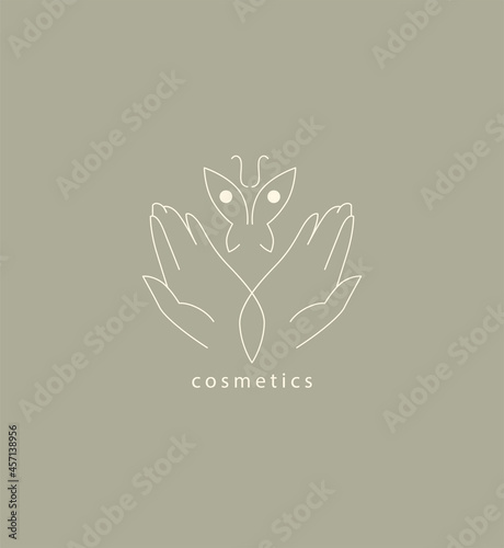 Delicate and natural hand logos. Vector illustration for female business. Handmade or hand care. Logo for a beauty salon or massage. Organic cosmetics, health and beauty. Fortune telling by hand