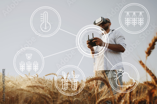 Man farmer standing in wheat field and controlling drone. Technologies in agriculture concept