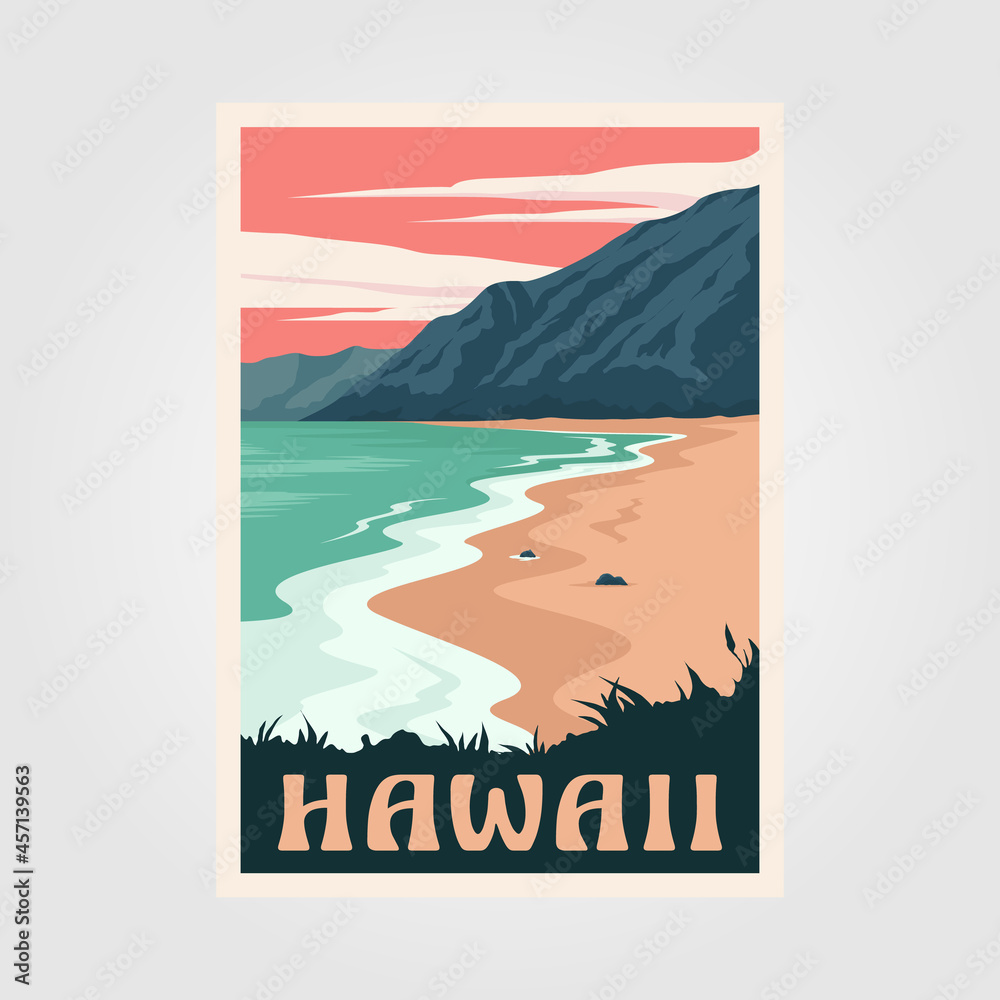 hawaii beach vintage poster art illustration design, adventure ocean poster - obrazy, fototapety, plakaty 