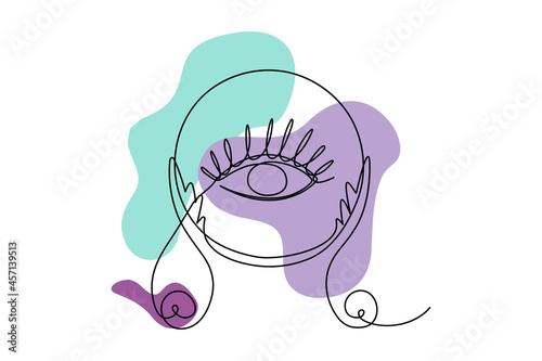 Magical crystal ball with clairvoyant eye - esoteric mystical talisman with abstract organic shapes. Spiritual object in purple and turquoise colors. Halloween vector illustrations of one line art in