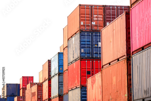 Freight, transportation, transportation, transportation, delivery and distribution. commercial business ideas Group of 40-foot heavy-duty colored metal containers stacked in the wharf.