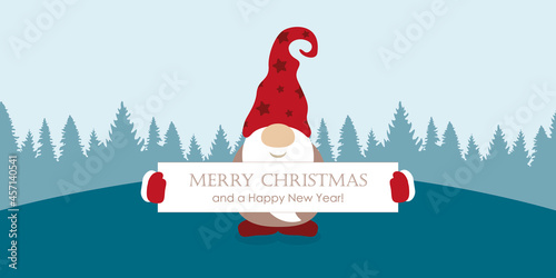 cute christmas gnome with red clothes and greeting card