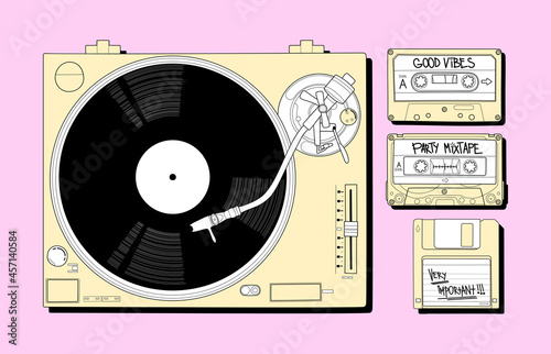 Vynil Player with Floppy and Cassette . Vector illustration
