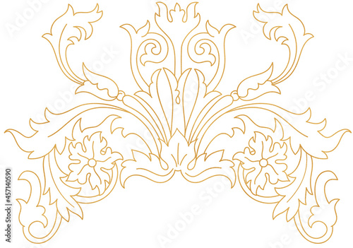 Baroque floral line art element, gold outline damask motif