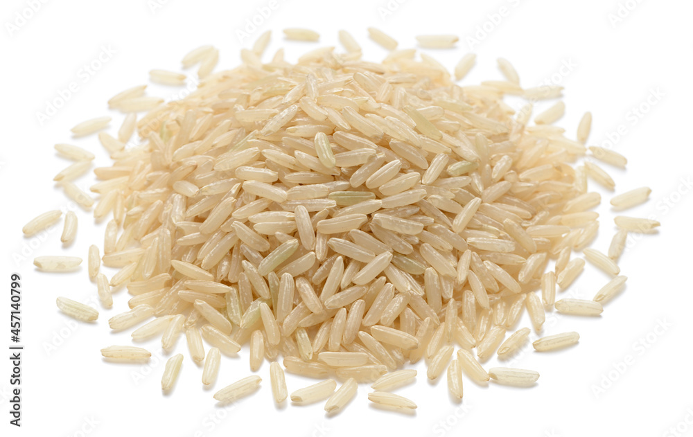 uncooked long brown rice, isolated on the white background