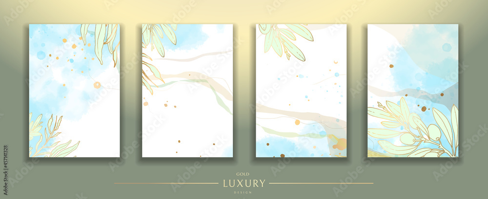 Set of templates for wedding invitations. Decoration with leaves and branches. Floral vector illustration in watercolor technique. Golden leaves and olive fruits.