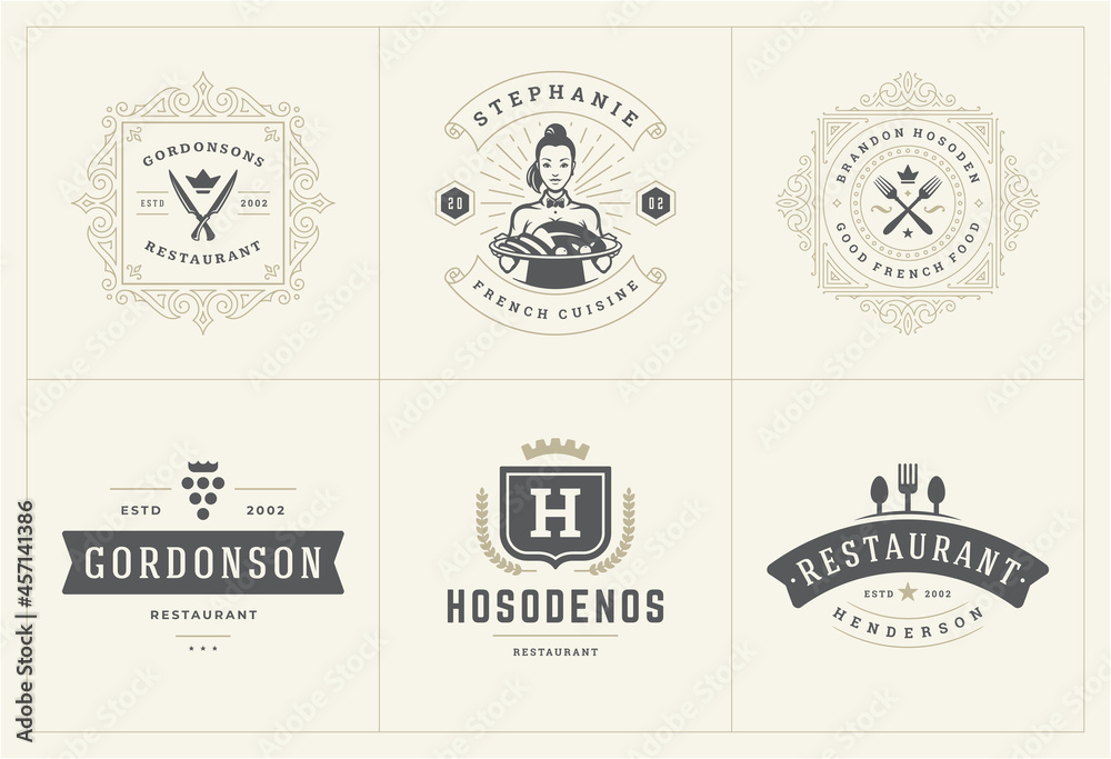 Restaurant logos templates set vector illustration good for menu labels and cafe badges
