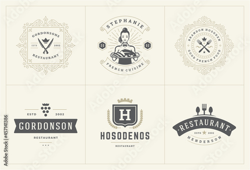 Restaurant logos templates set vector illustration good for menu labels and cafe badges