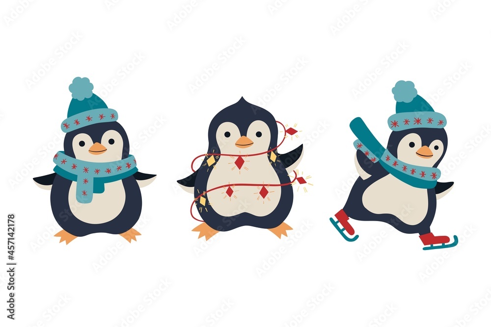 Fototapeta premium Cute penguins in warm clothes. Vector hand drawn penguins caracters set of christmas illustrations