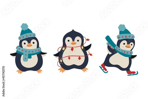Cute penguins in warm clothes. Vector hand drawn penguins caracters set of christmas illustrations