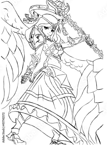 Anime manga cute warrior girl in armor and with a big weapon she is a savior angel with a crown  the work is done in lines  2d illustration