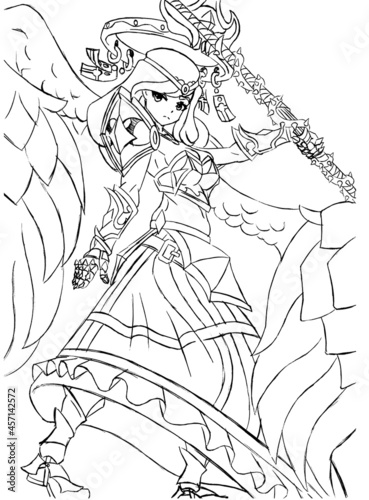 Anime manga cute warrior girl in armor and with a big weapon she is a savior angel with a crown, the work is done in lines, 2d illustration