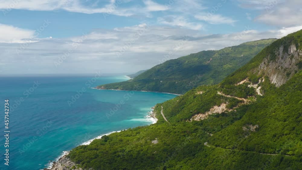 Travel to the Barahona Dominican Republic. Mountains and blue Caribbean sea beautiful landscape aerial view. 
