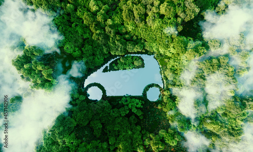 Concept depicting new possibilities for the development of electric and hybrid cars and the issue of ecological travel in the form of a car-shaped pond located in a lush forest. 3d rendering. photo