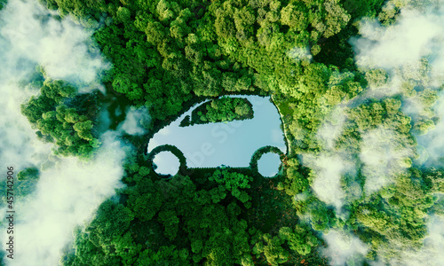 Konstfotografi Concept depicting new possibilities for the development of electric and hybrid cars and the issue of ecological travel in the form of a car-shaped pond located in a lush forest