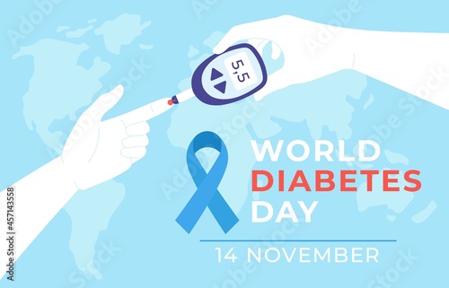 World diabetes day. Diabet disease poster with hands hold glucometer and measure blood sugar level test, blue ribbon and map, vector banner