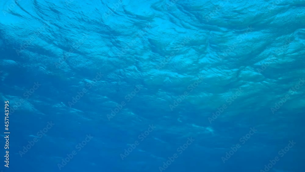 Blue surface of the sea. Natural background with sun glints on surface of blue water. Underwater view. Slow motion. 