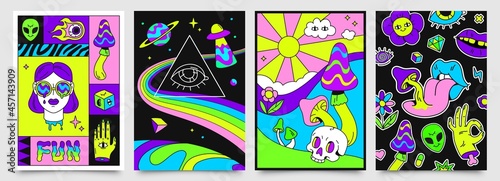 Retro psychedelic hippie posters with space, mushrooms and rainbows. 70s abstract covers with skull, floating eyes, crazy lips vector set photo