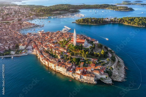 Aerial view to Rovinj old town  popular travel destiation in Istria  Croatia.