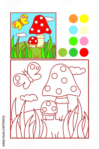 Coloring page for kids. Old and baby toadstools, butterfly, grass.
