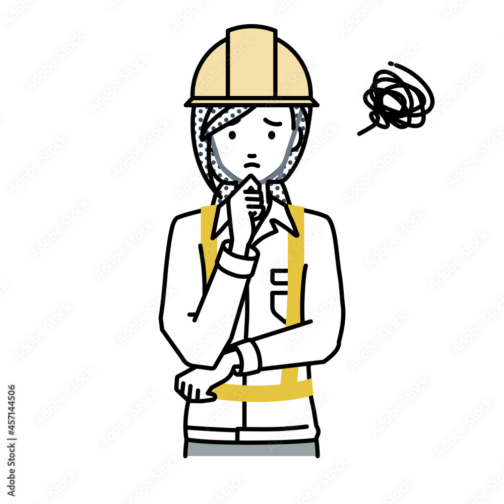 立って手をあごにあてて困っている工事現場の女性 立って手をあごにあてて困っている工事現場の女性