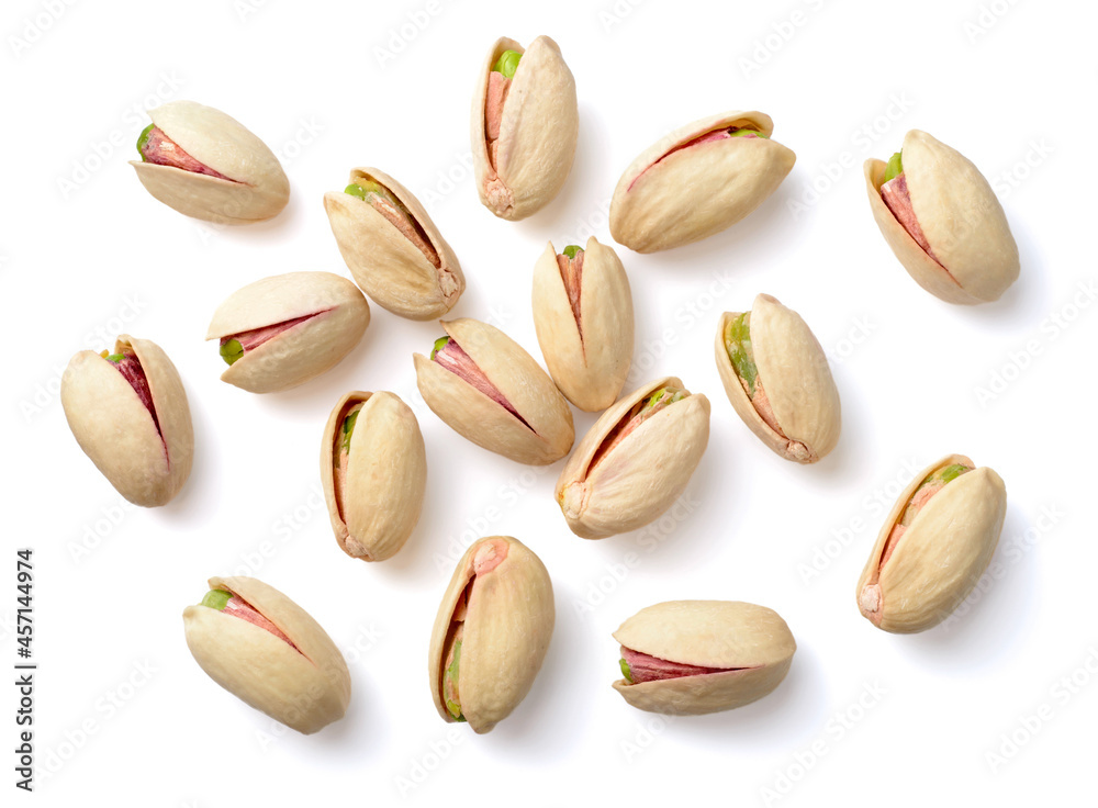 pistachios with shell isolated on white background, top view