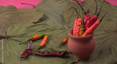 Fresh long Indian green and red chillies on wooden background. © Raksha