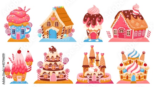 Cartoon fantasy candy houses and fairy tale sweet castles. Dreamland cake buildings. Chocolate, gingerbread and ice cream house vector set