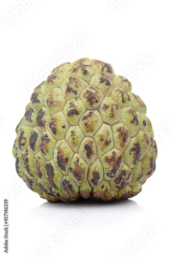 Close-up of Organic Indian green costard  apple  fruit or sharifa (Annona squamosa) it is an green to light yellow in color, isolated over white background, photo