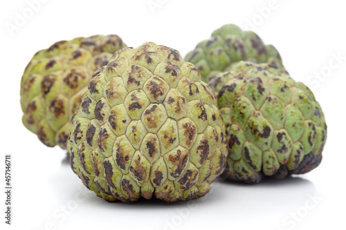 Close-up of Organic Indian green costard  apple  fruit or sharifa (Annona squamosa) it is an green to light yellow in color, isolated over white background, photo