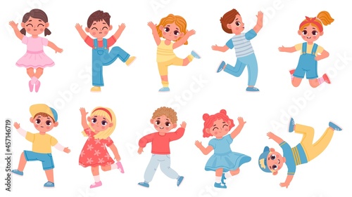 Cartoon happy dancing and jumping kids boys and girls. Children dance party joy. Ballet and aerobics poses. Kid character have fun vector set