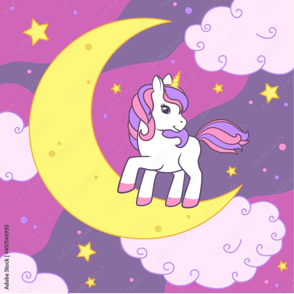 Fototapeta premium The unicorn stands on the moon against the background of the starry sky and clouds. Colorful vector illustration for cards, books, t-shirts