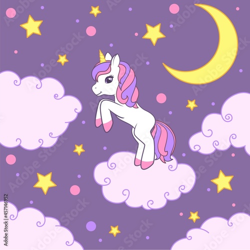 A happy unicorn stands on a cloud against the background of the starry sky and the moon. Colorful vector illustration for cards, books, t-shirts